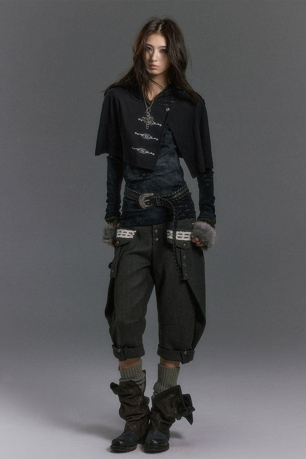 Hooded Cape Foil Print Top