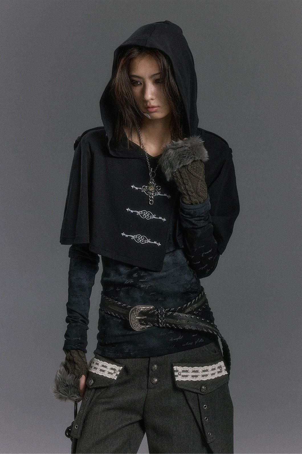 Hooded Cape Foil Print Top