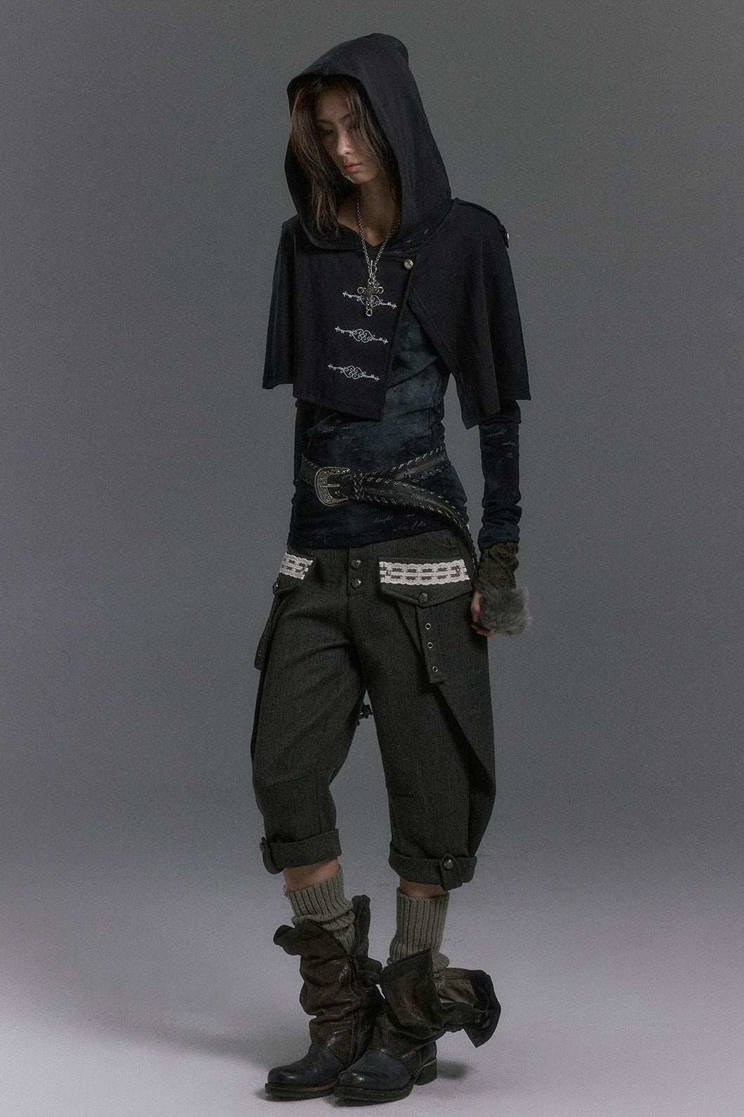 Hooded Cape Foil Print Top