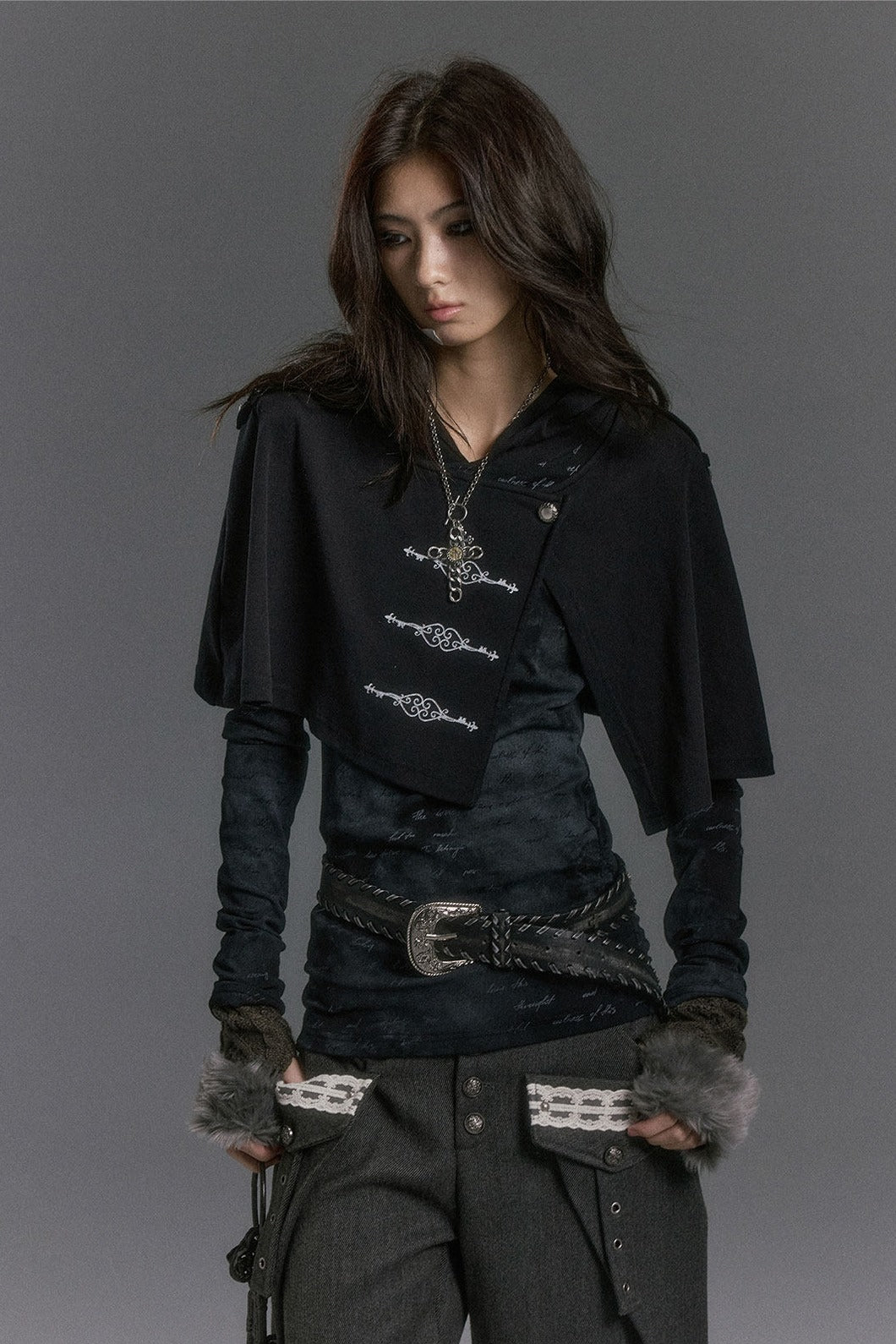 Hooded Cape Foil Print Top
