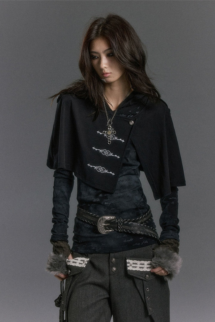 Hooded Cape Foil Print Top