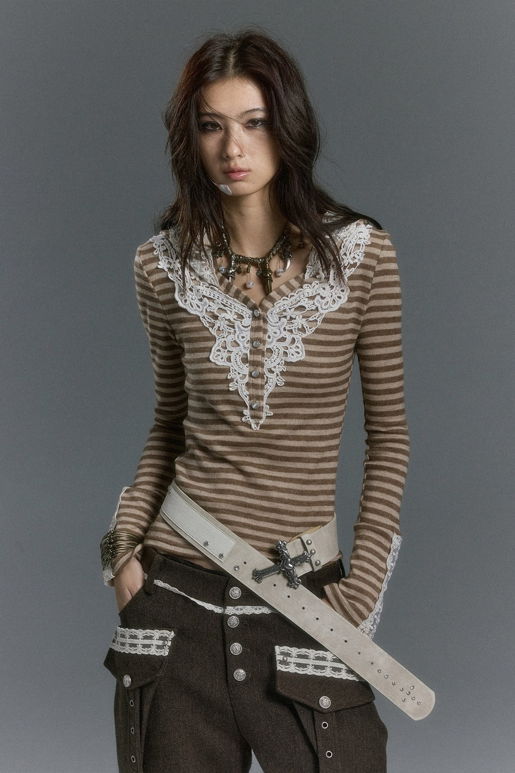 Striped Lace Henley Hooded Top