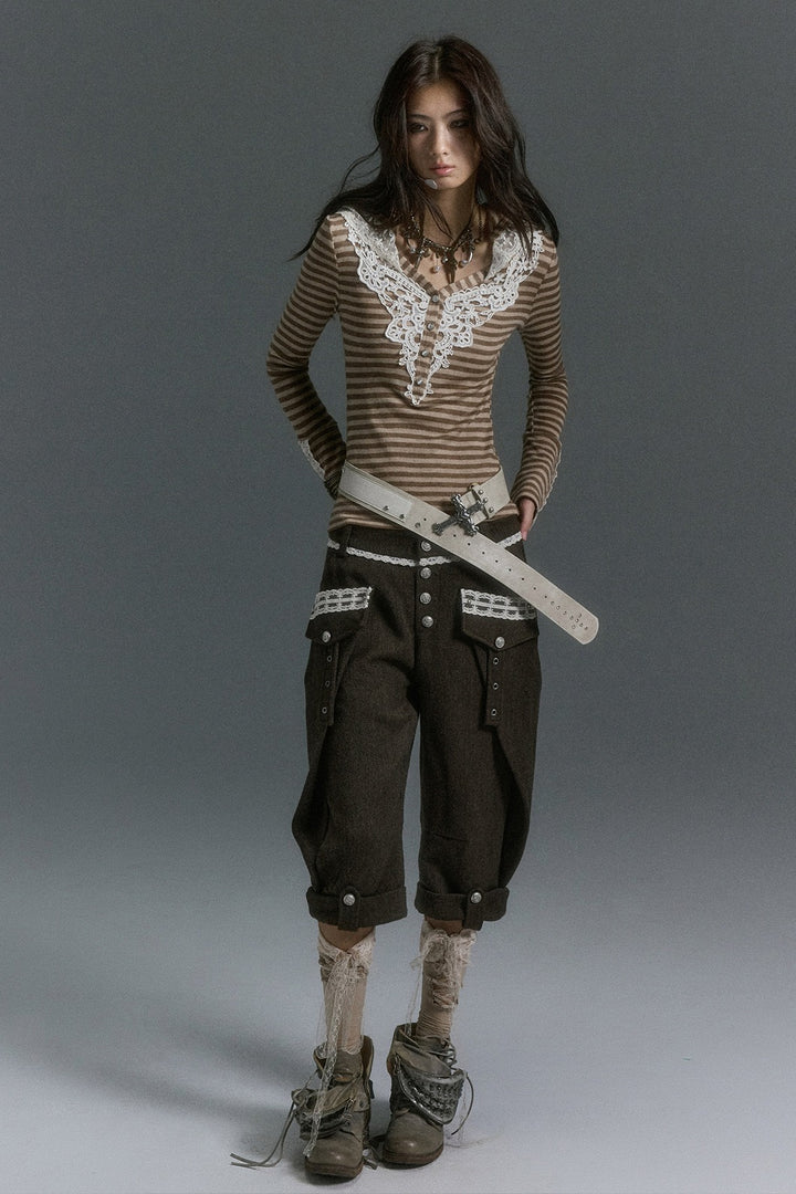 Striped Lace Henley Hooded Top