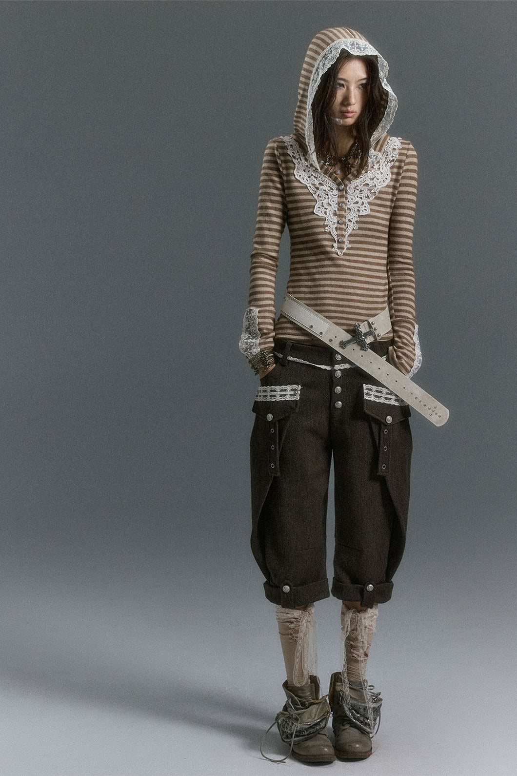 Striped Lace Henley Hooded Top