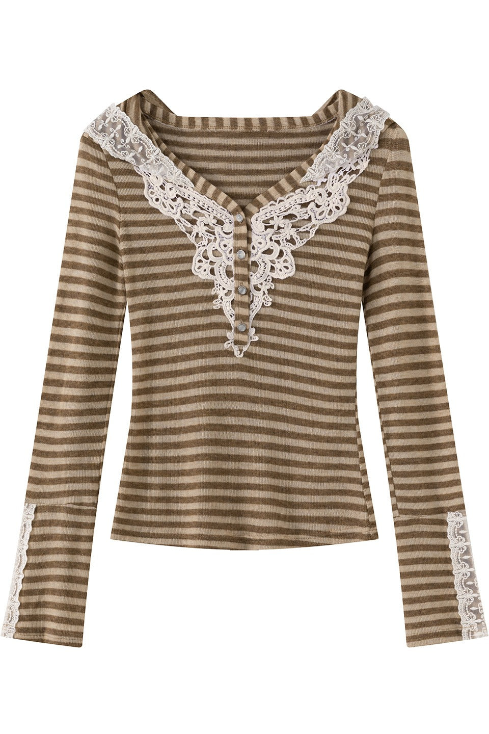 Striped Lace Henley Hooded Top