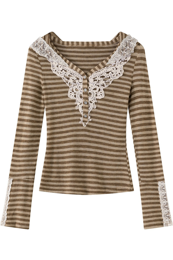 Striped Lace Henley Hooded Top