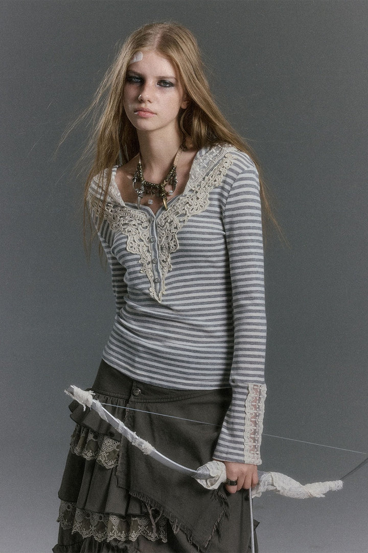 Striped Lace Henley Hooded Top