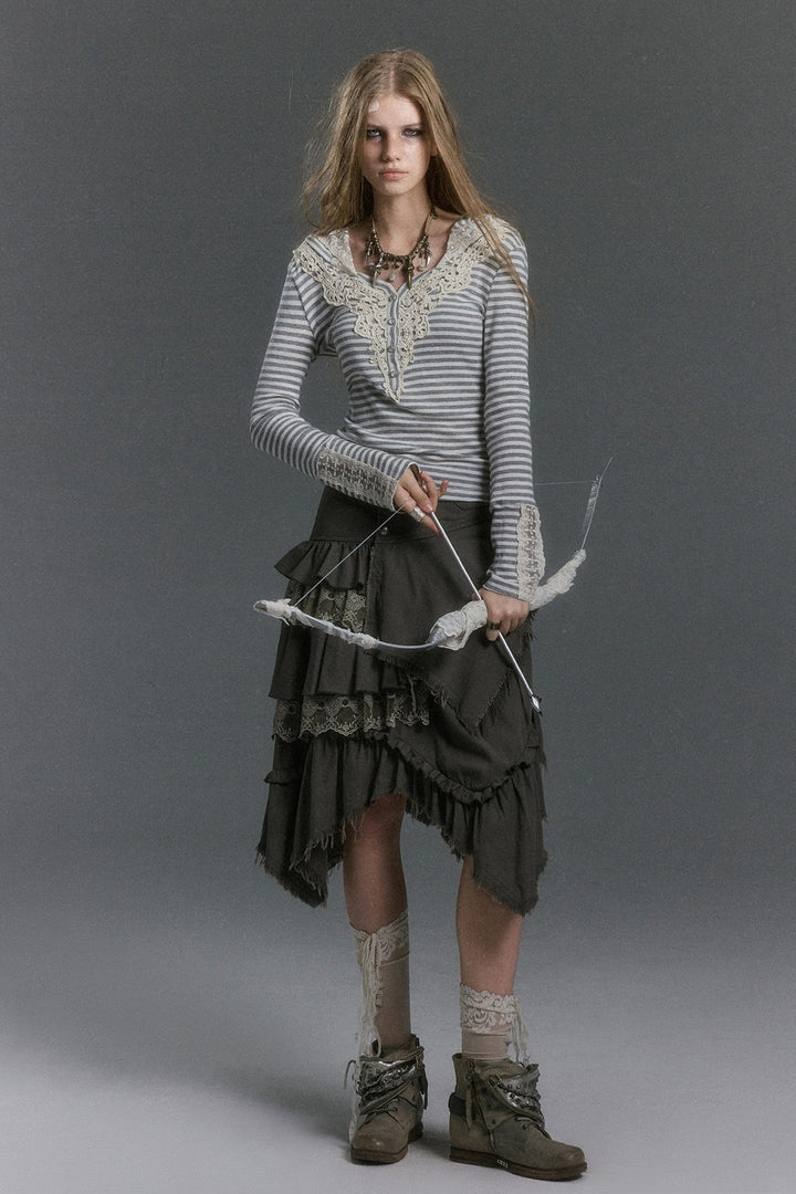 Striped Lace Henley Hooded Top
