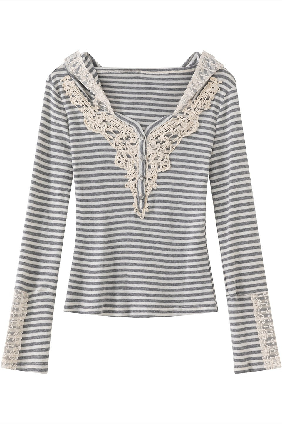 Striped Lace Henley Hooded Top