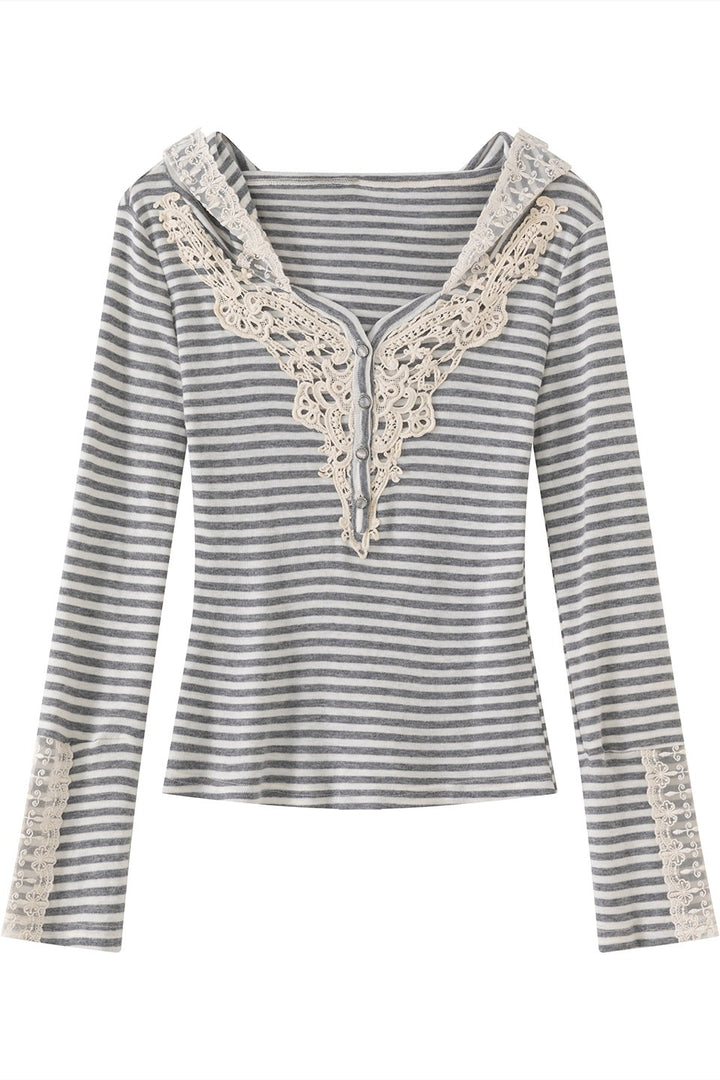 Striped Lace Henley Hooded Top