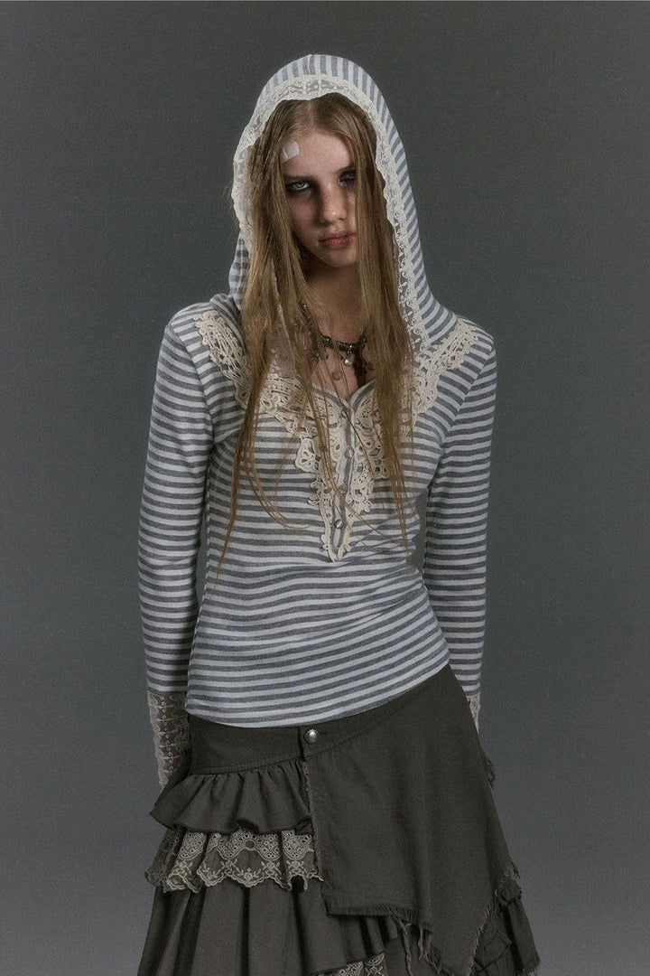 Striped Lace Henley Hooded Top