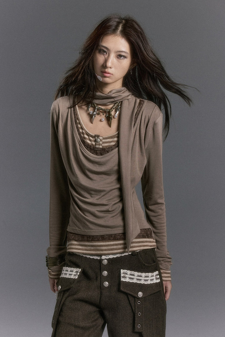 Cowl Neck Scarf Layered Top