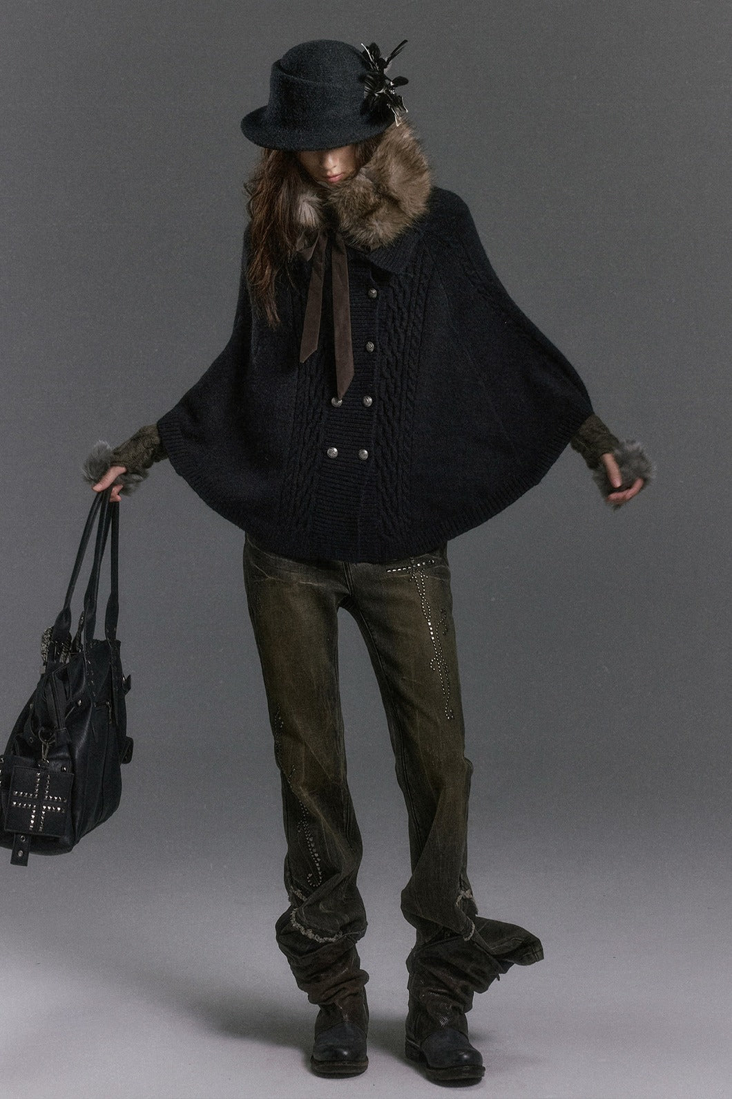 Cable Knit Fur Collar Cape