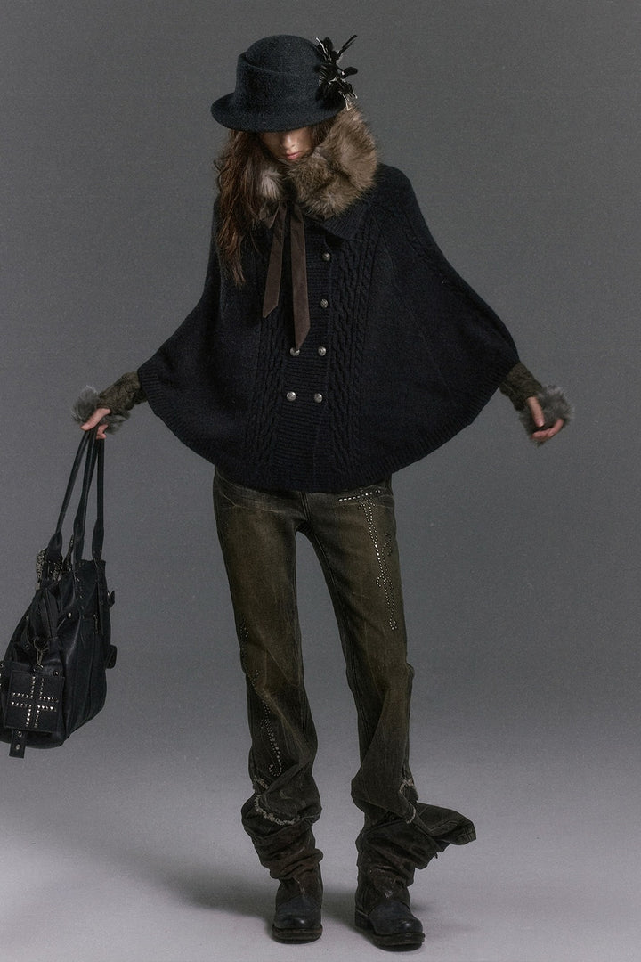 Cable Knit Fur Collar Cape