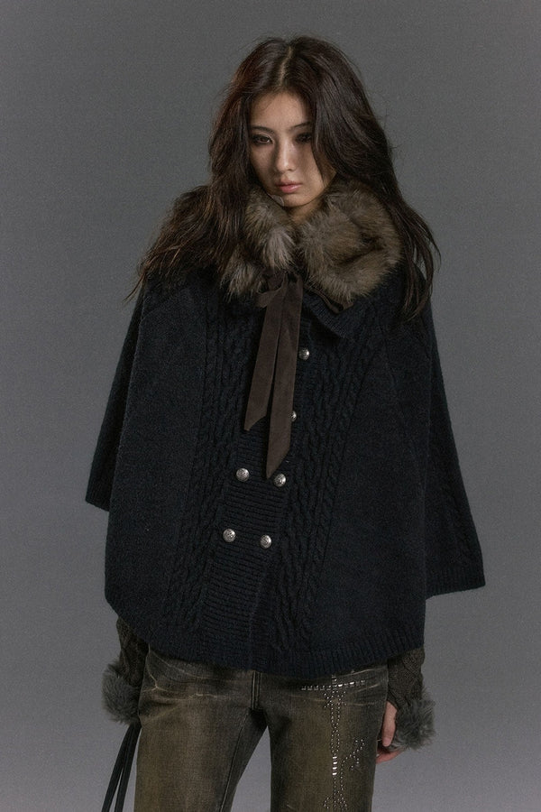 Cable Knit Fur Collar Cape
