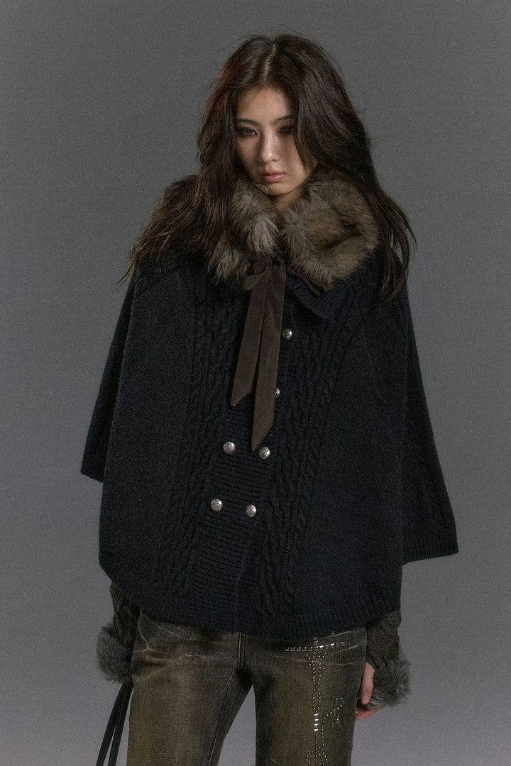 Cable Knit Fur Collar Cape