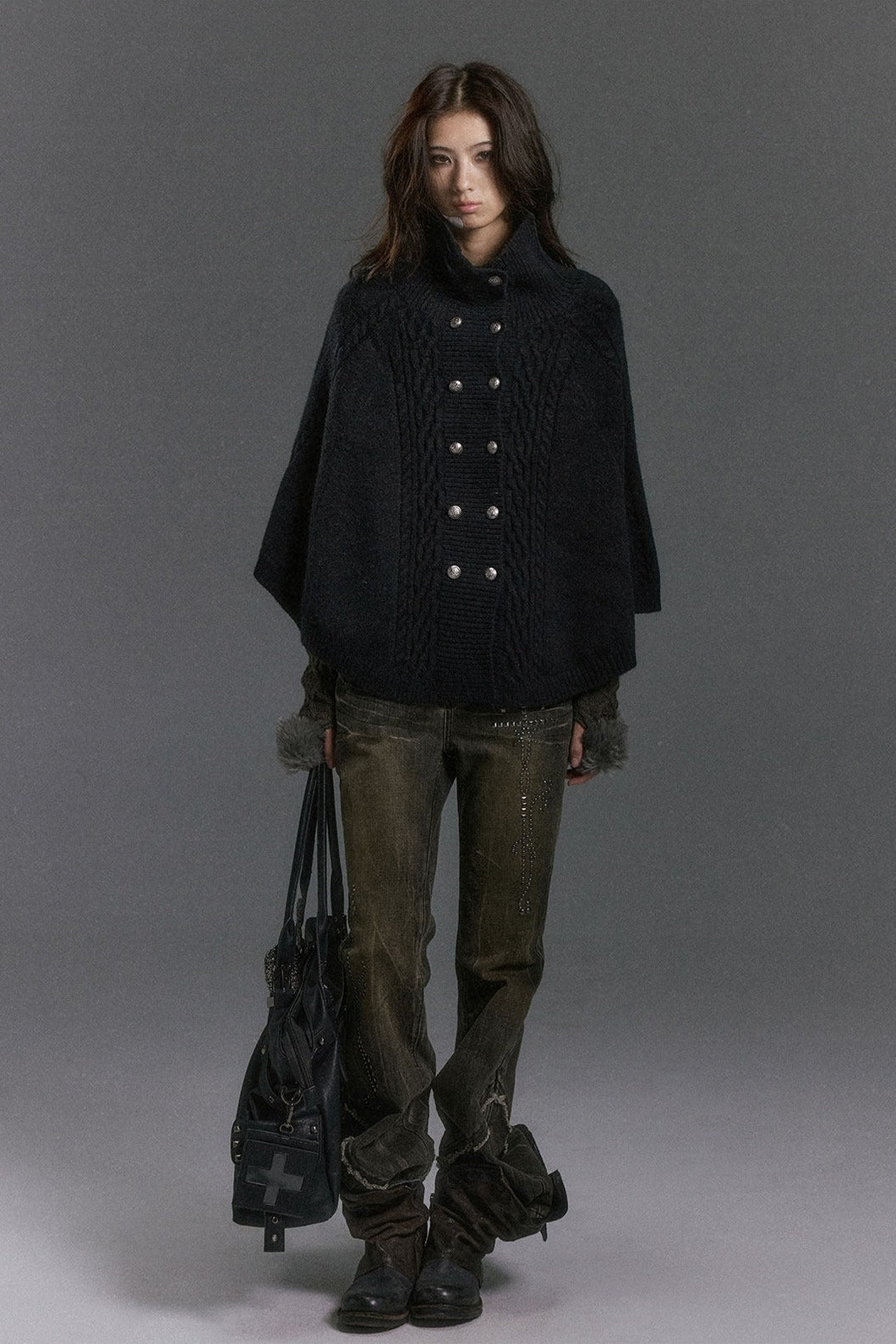 Cable Knit Fur Collar Cape