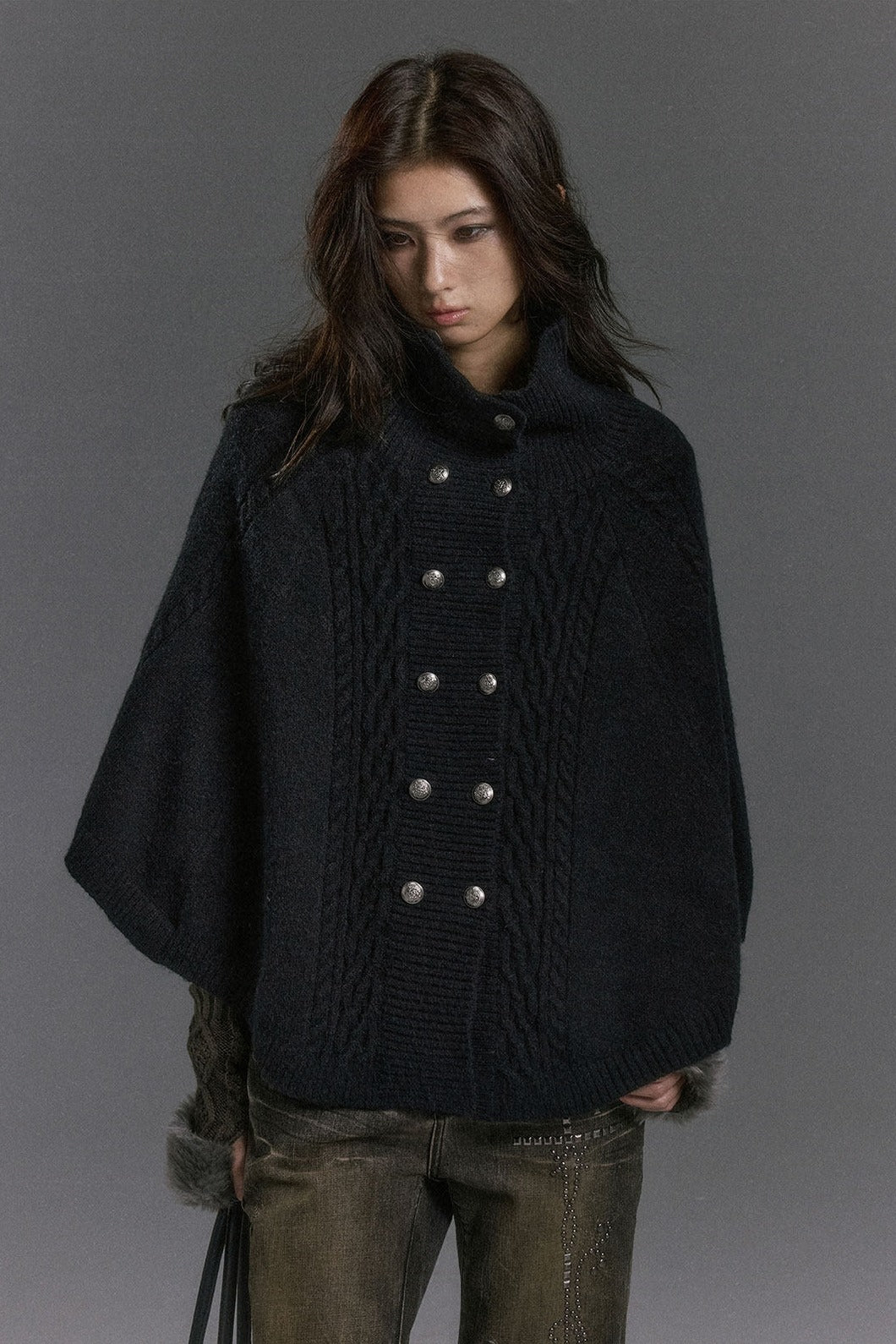 Cable Knit Fur Collar Cape