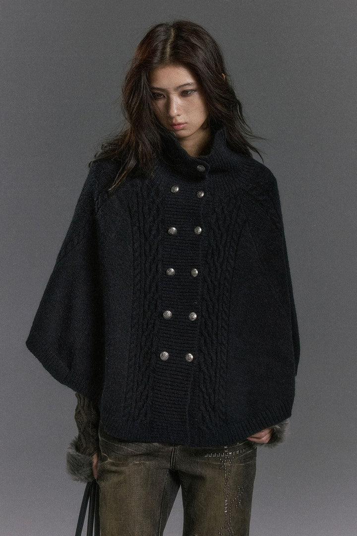 Cable Knit Fur Collar Cape