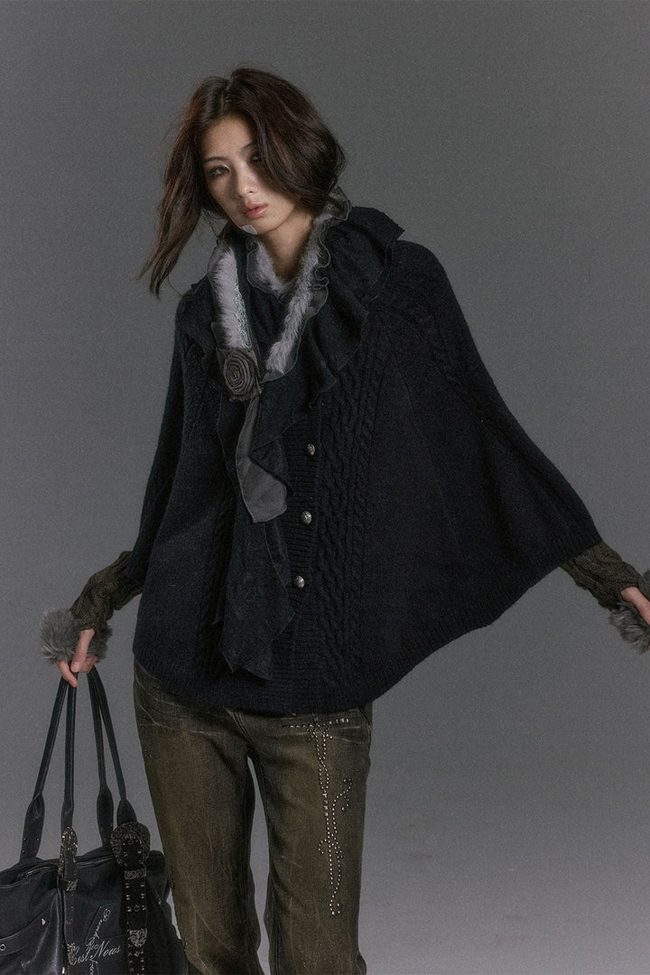 Cable Knit Fur Collar Cape