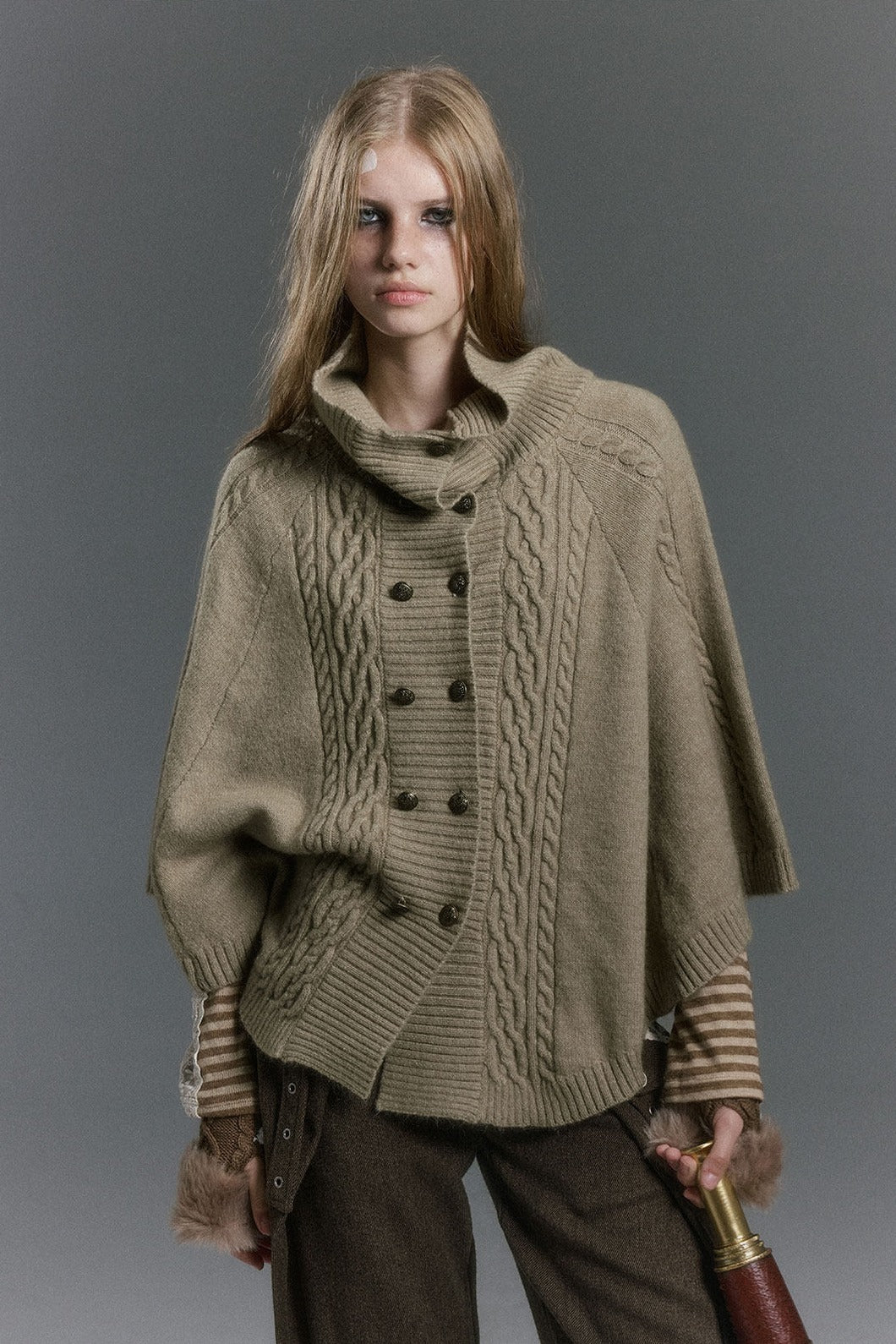 Cable Knit Fur Collar Cape