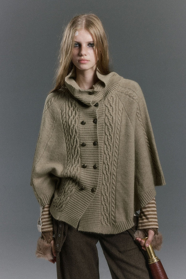Cable Knit Fur Collar Cape