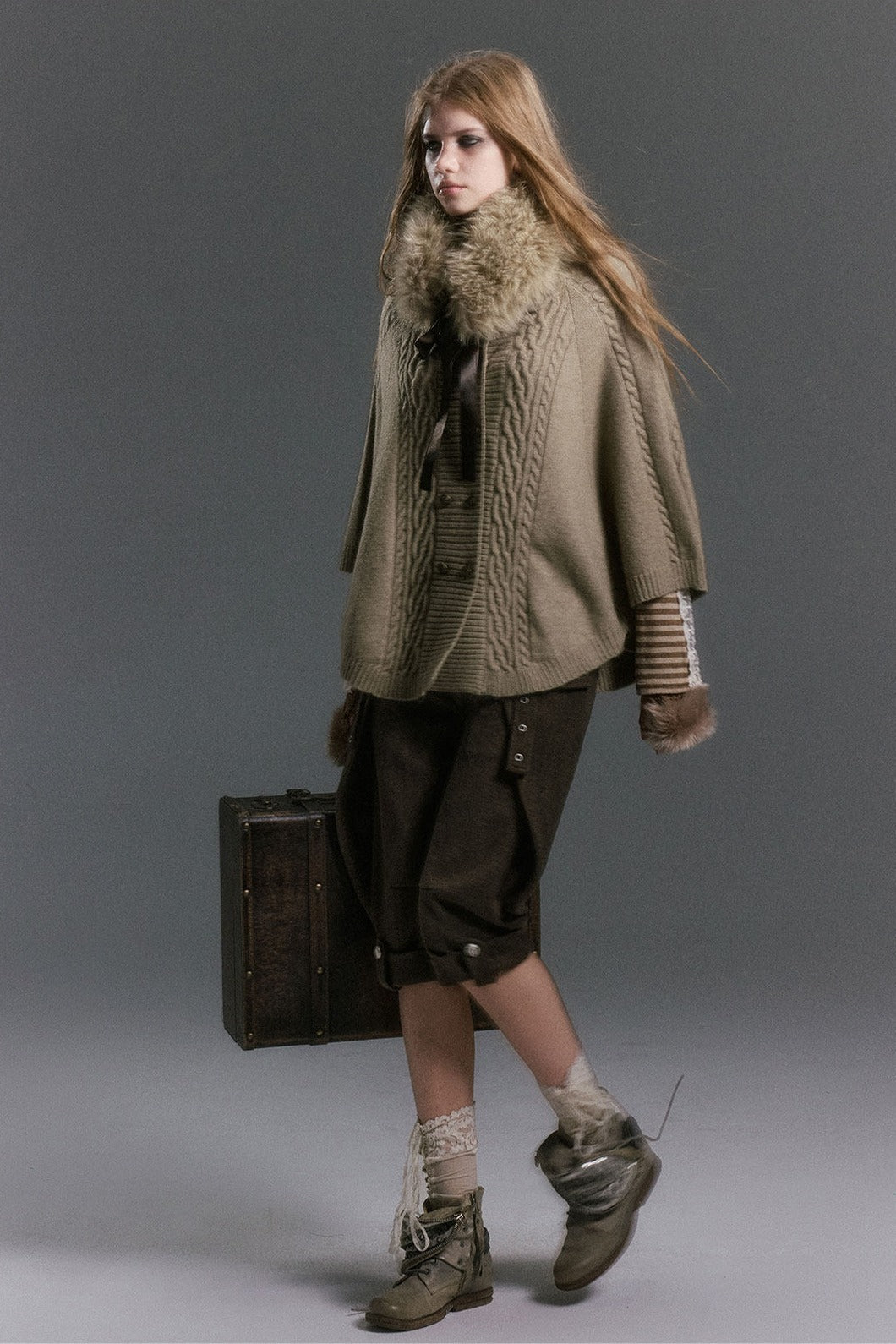 Cable Knit Fur Collar Cape