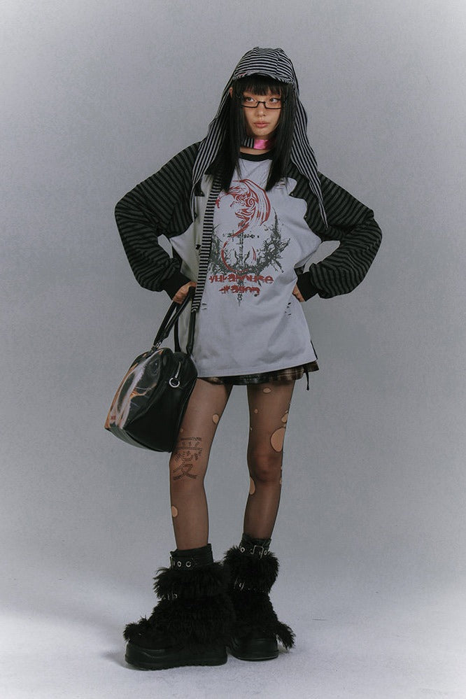 Distressed Panel Striped Raglan Top