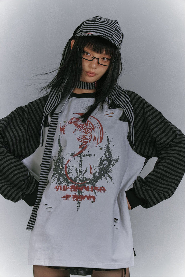 Distressed Panel Striped Raglan Top