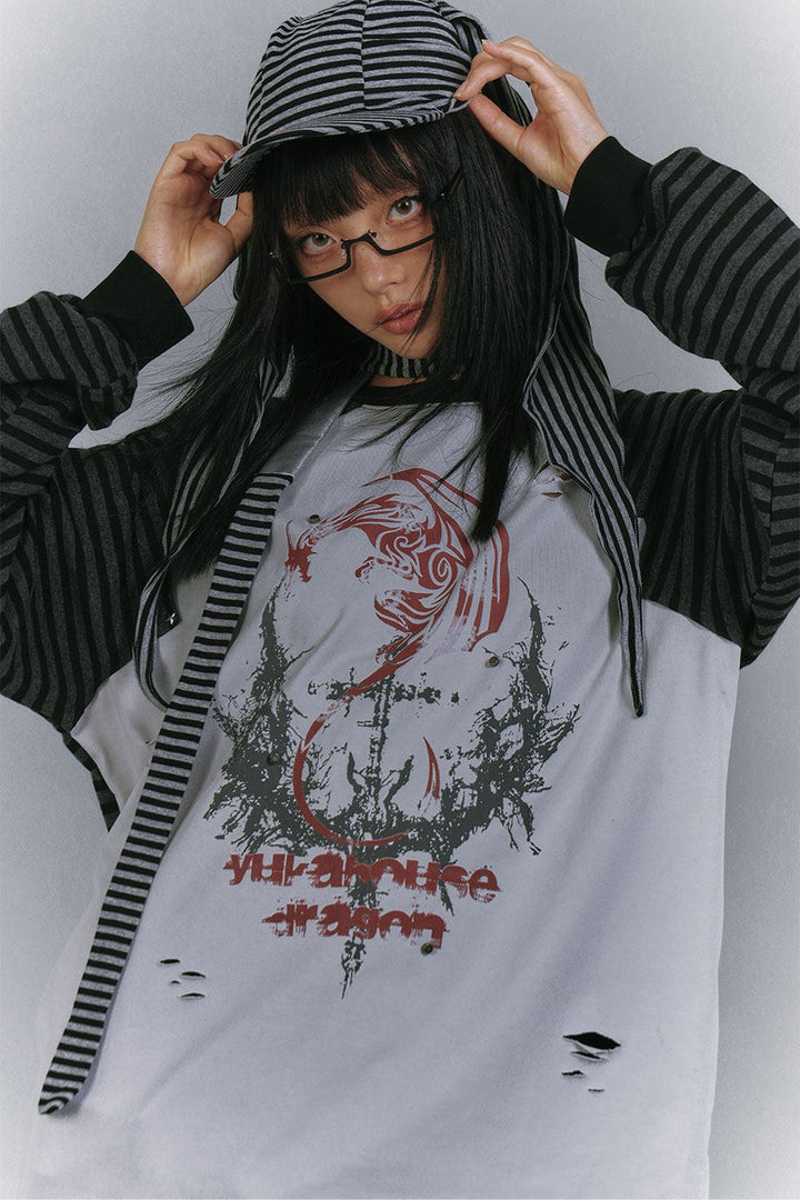 Distressed Panel Striped Raglan Top
