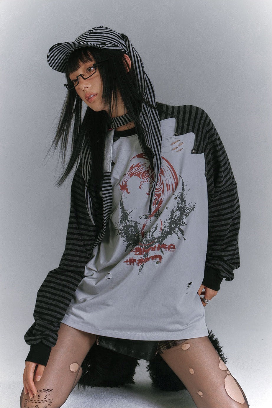 Distressed Panel Striped Raglan Top