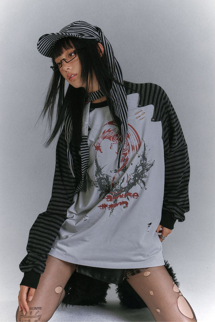 Distressed Panel Striped Raglan Top