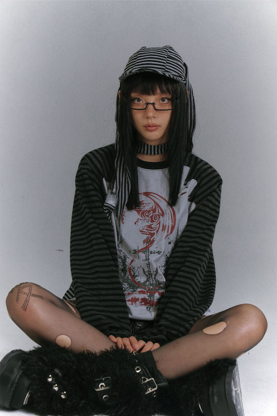 Distressed Panel Striped Raglan Top