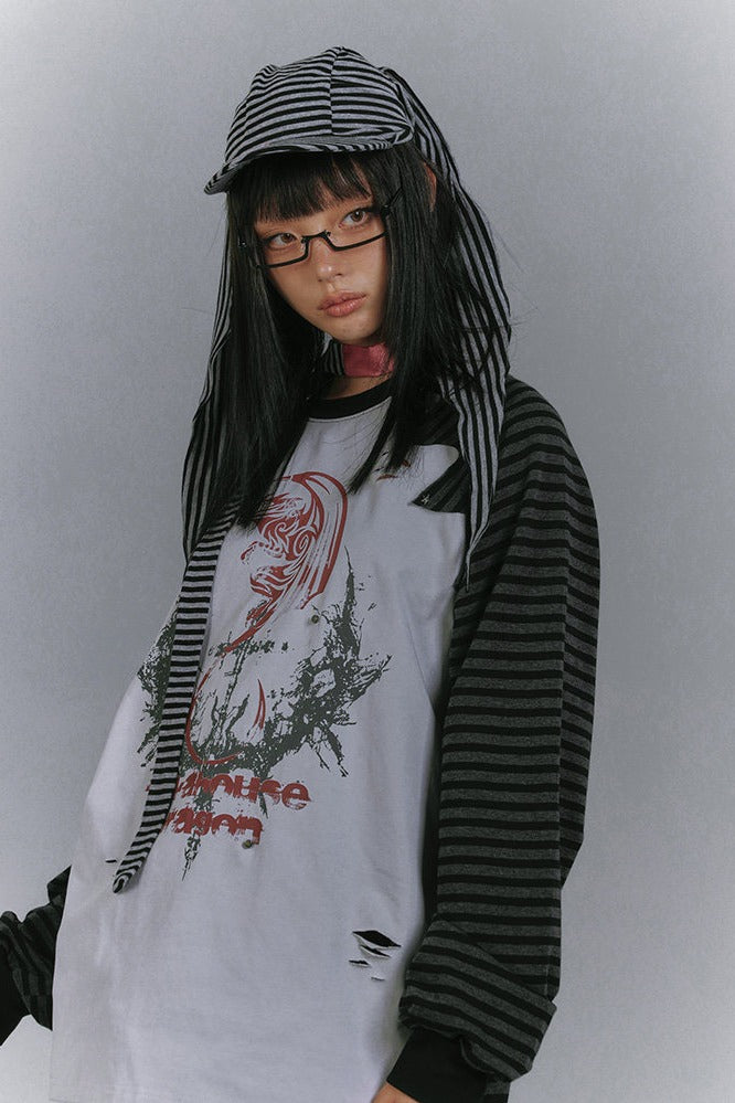 Distressed Panel Striped Raglan Top