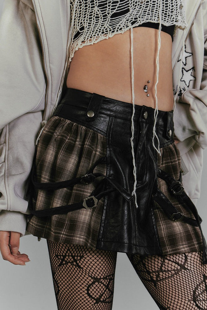 Plaid Faux Leather Buckle Mini Skirt