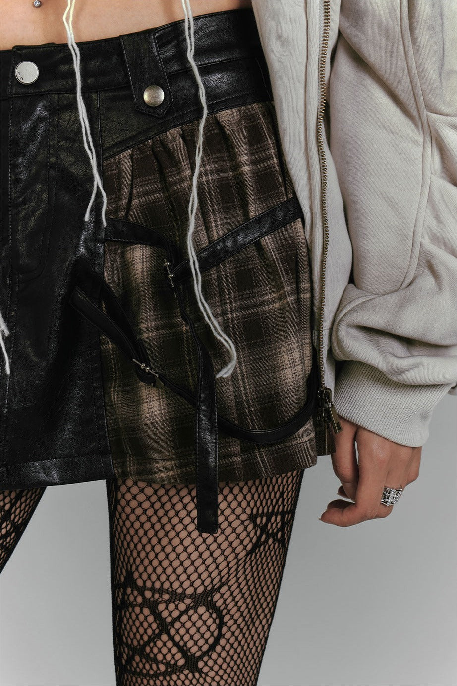 Plaid Faux Leather Buckle Mini Skirt