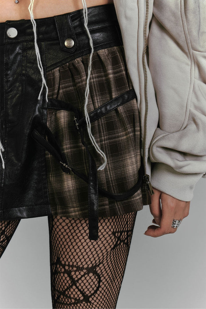 Plaid Faux Leather Buckle Mini Skirt