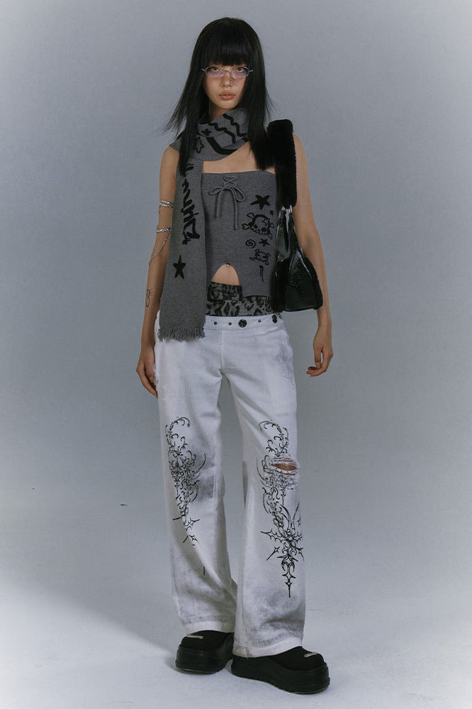 Graffiti Print Faux Two-Piece Jeans