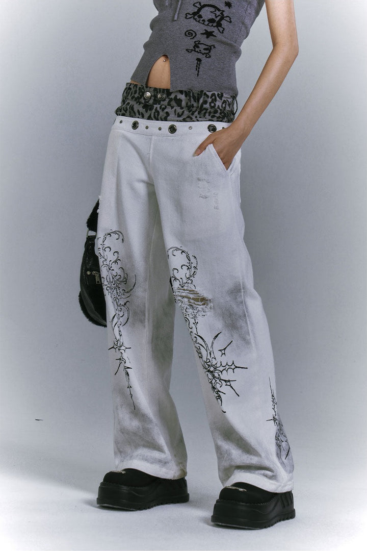 Graffiti Print Faux Two-Piece Jeans