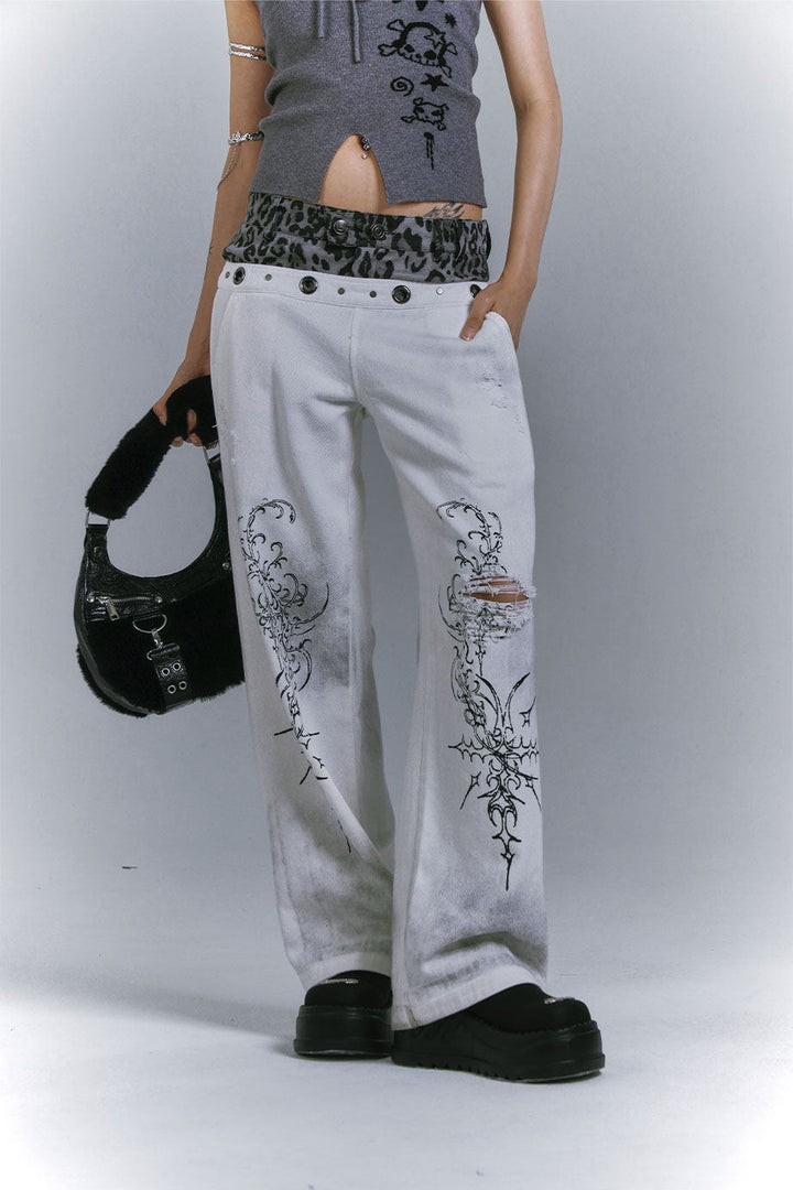 Graffiti Print Faux Two-Piece Jeans