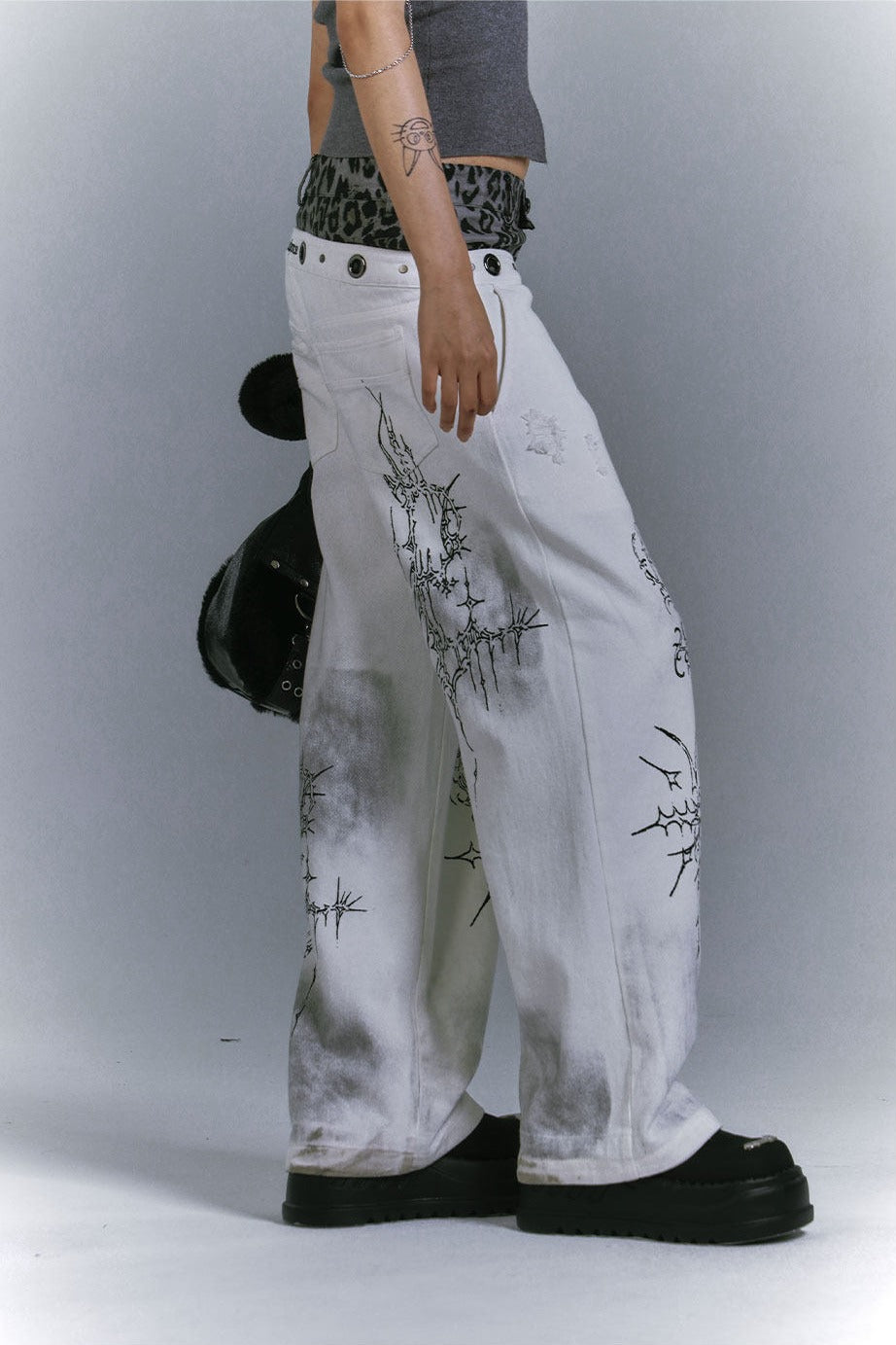 Graffiti Print Faux Two-Piece Jeans