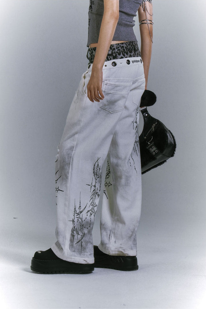 Graffiti Print Faux Two-Piece Jeans