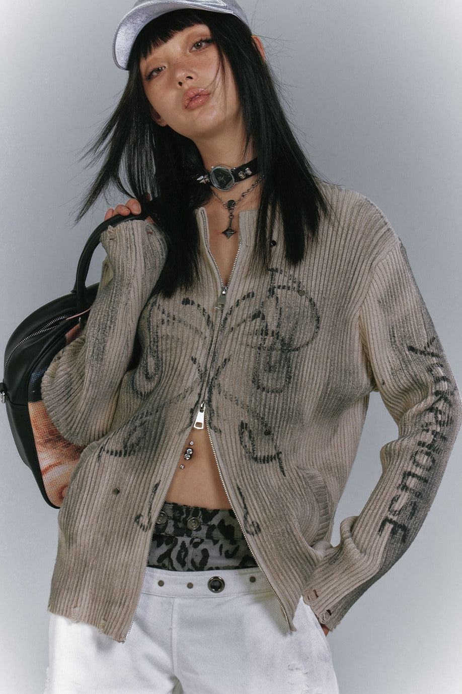 Studded Dirty Wash Zip Cardigan