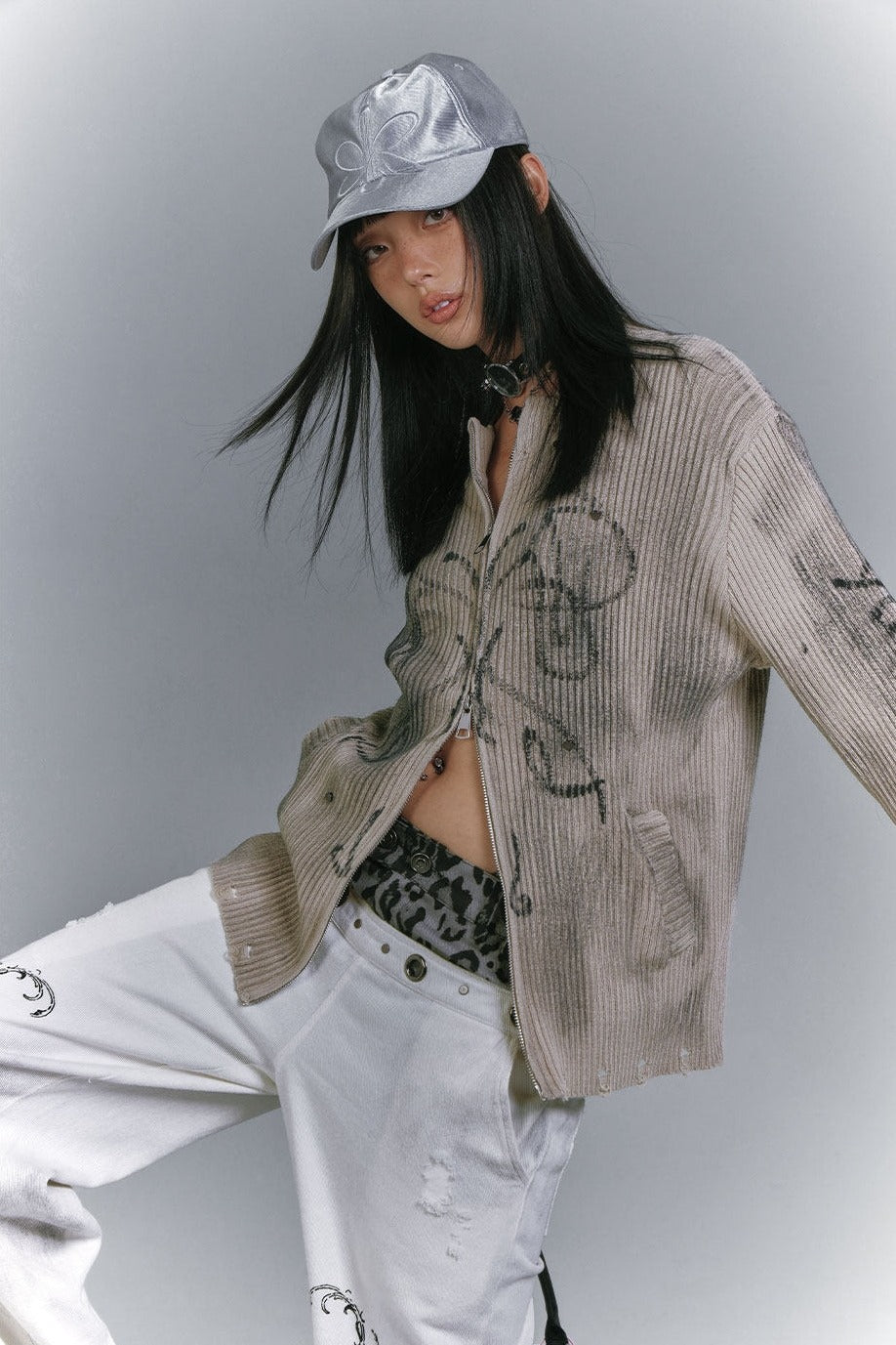 Studded Dirty Wash Zip Cardigan