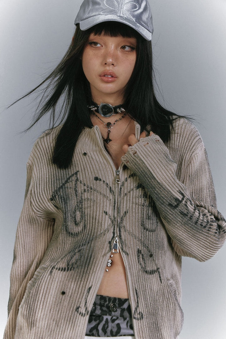 Studded Dirty Wash Zip Cardigan