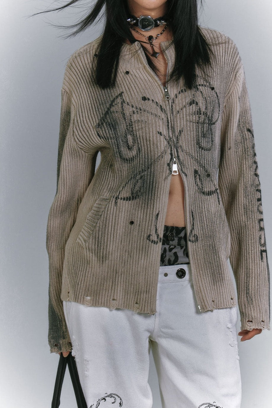 Studded Dirty Wash Zip Cardigan