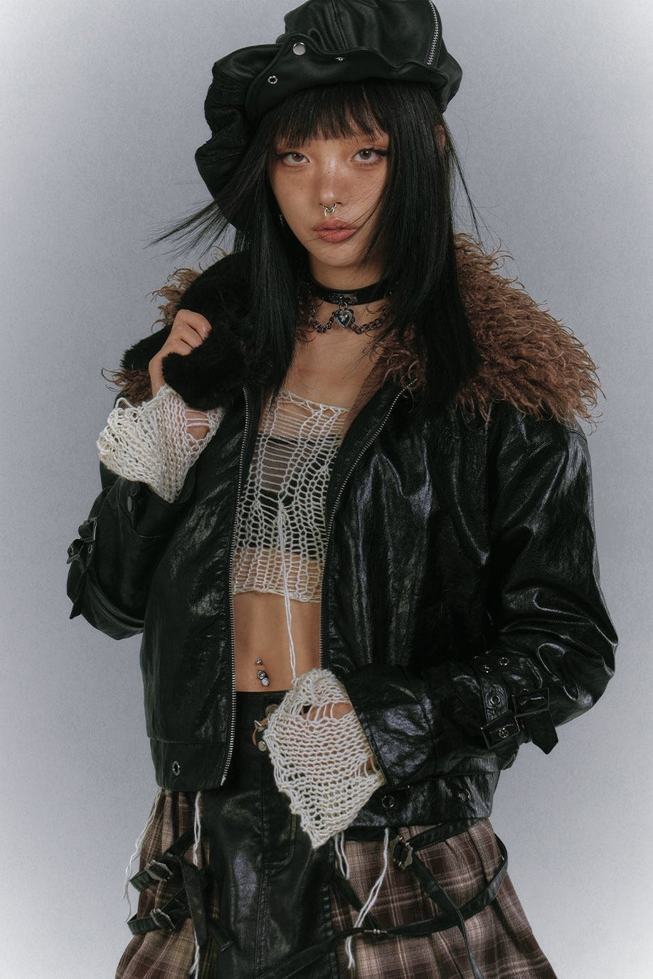 Fur Collar Faux Leather Padded Jacket