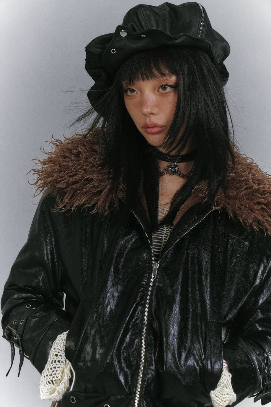 Fur Collar Faux Leather Padded Jacket