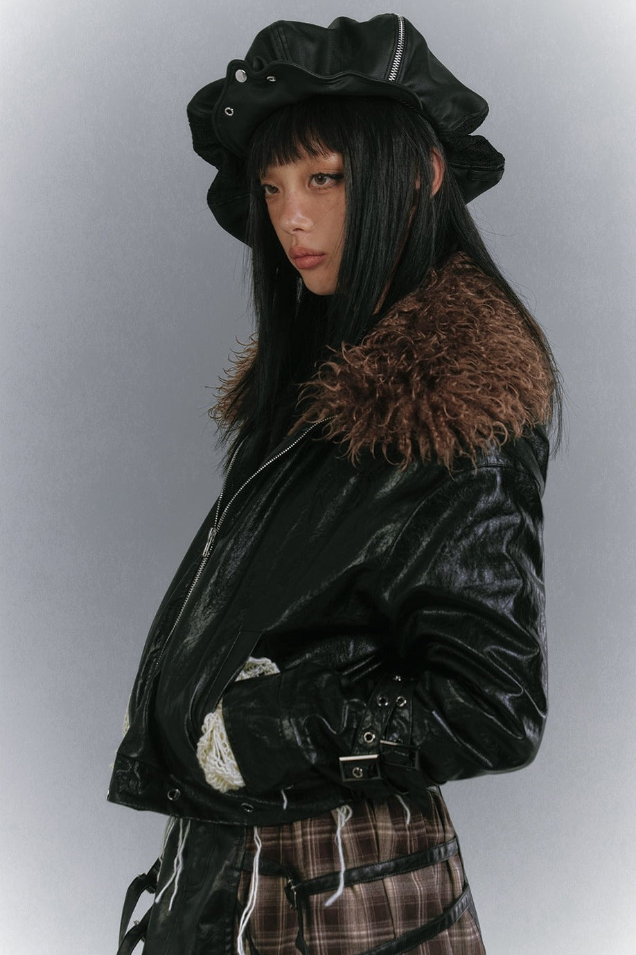 Fur Collar Faux Leather Padded Jacket