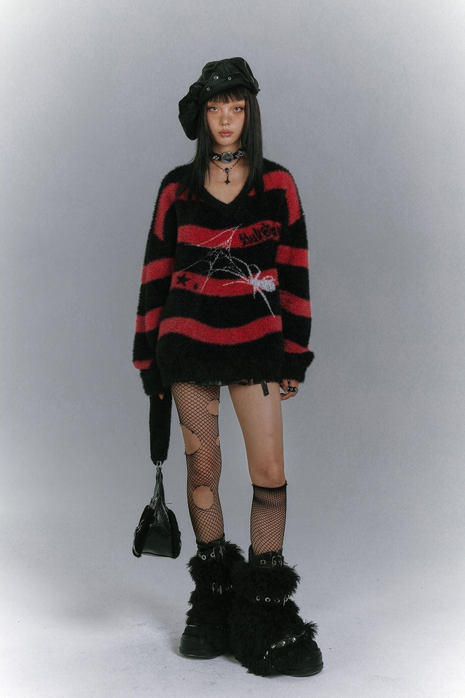 Spider Web Striped Fuzzy Sweater